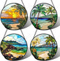 DASTOLL Stained Glass Window Hanging 4 Pcs Set Blue Ocean Coconut Tree Scenery by DASTOLL