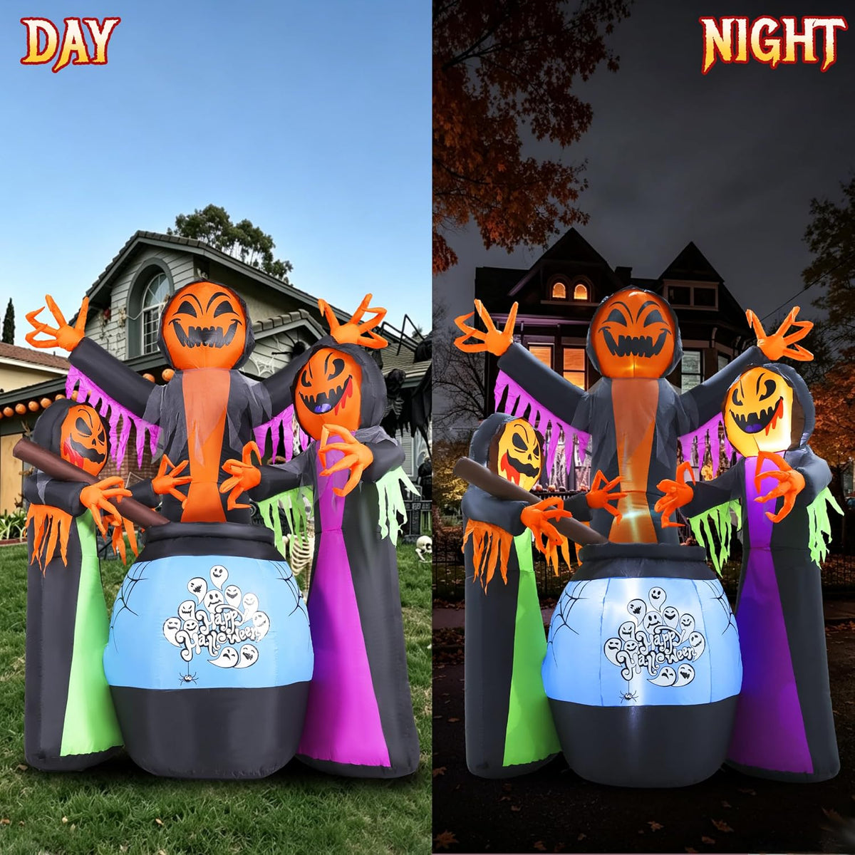8FT Halloween Inflatables Three Witch Around Cauldron with Light Yard Decor