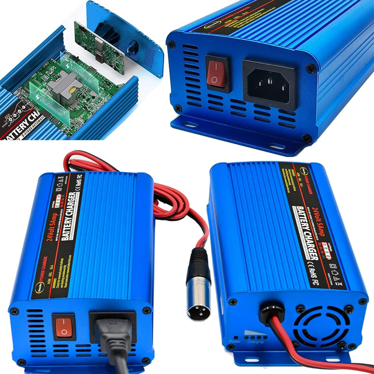Unocho 24V 5A Battery Charger 4-Stage Smart Lead-Acid Charger with 3-Pin XLR ...