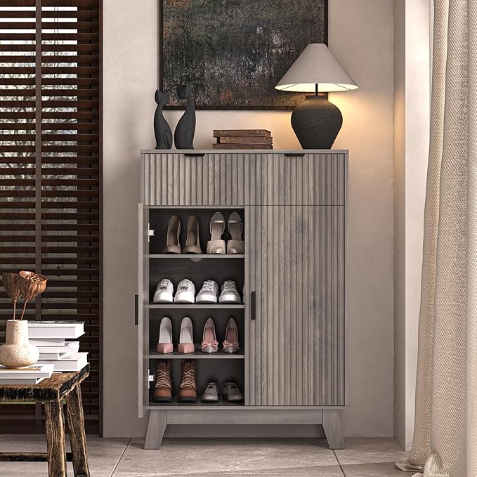 Fluted Shoe Cabinet, 4-Tier Mid Century Modern Narrow Shoe Storage Cabinet - Image 8