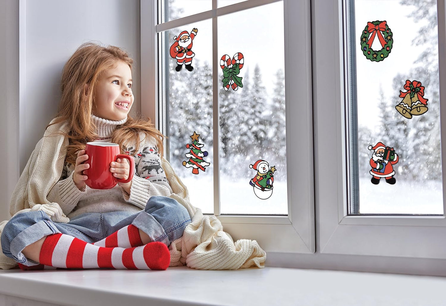 12 Pack Christmas Window Clings Stickers for Glass - Xmas Decor Vinyl Decal | Winter Holiday Decor Vinyl Decals for Kids - Reusable Santa Claus, Snowman, Mirror, Wall & Door Stickers for Indoor & Outdoor