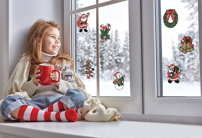 12 Pack Christmas Window Clings Stickers for Glass - Xmas Decor Vinyl Decal | Winter Holiday Decor Vinyl Decals for Kids - Reusable Santa Claus, Snowman, Mirror, Wall & Door Stickers for Indoor & Outdoor