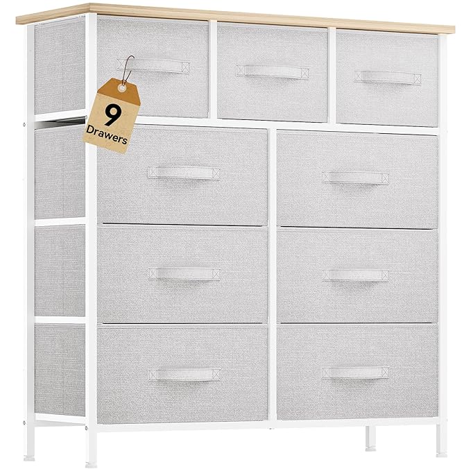DWVO 9 Drawer Dresser, Light Gray Fabric Storage Tower, Tall Organizer Unit by DWVO