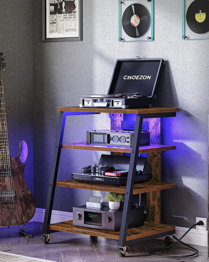 choezon 4-tier av media stand with wheels, stereo, close-up detail