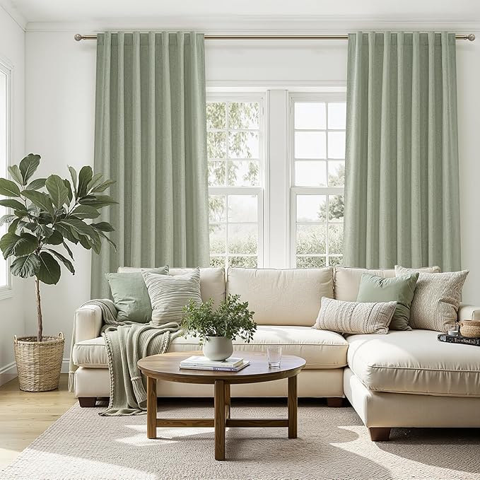 Sage Green Blackout Linen Curtains 120 Inches Extra Long - Image 6