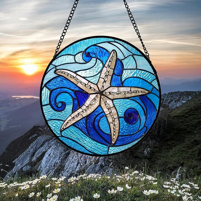 DASTOLL Stained Glass Window Hanging 4 Pcs Set Blue Ocean Waves Large 11.8" - Image 3