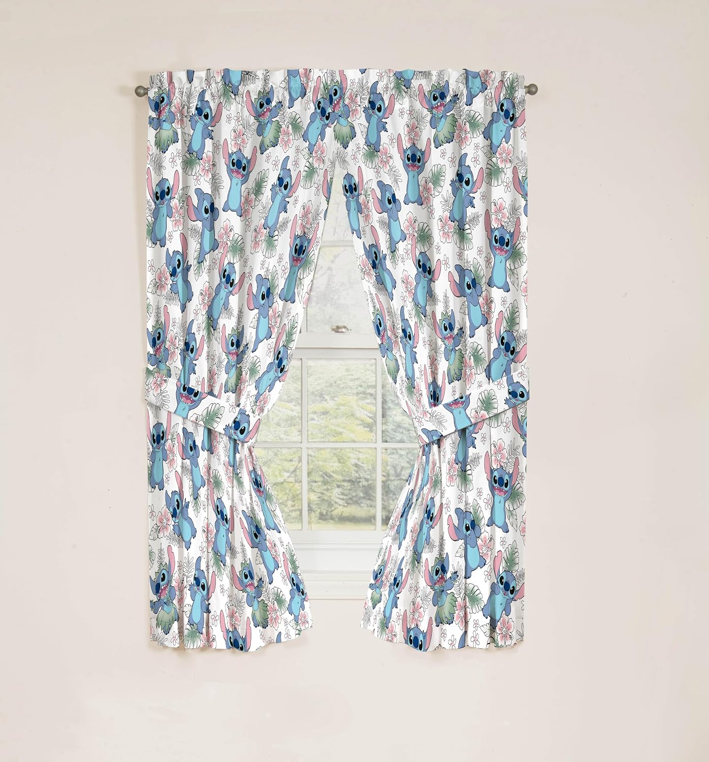 Jay Franco Window Curtains for Kids Bedroom 4-Piece Drape Set with 2 Tiebacks, Multi - Lilo & Stitch, 42" W x 63" L (Pack of 2)