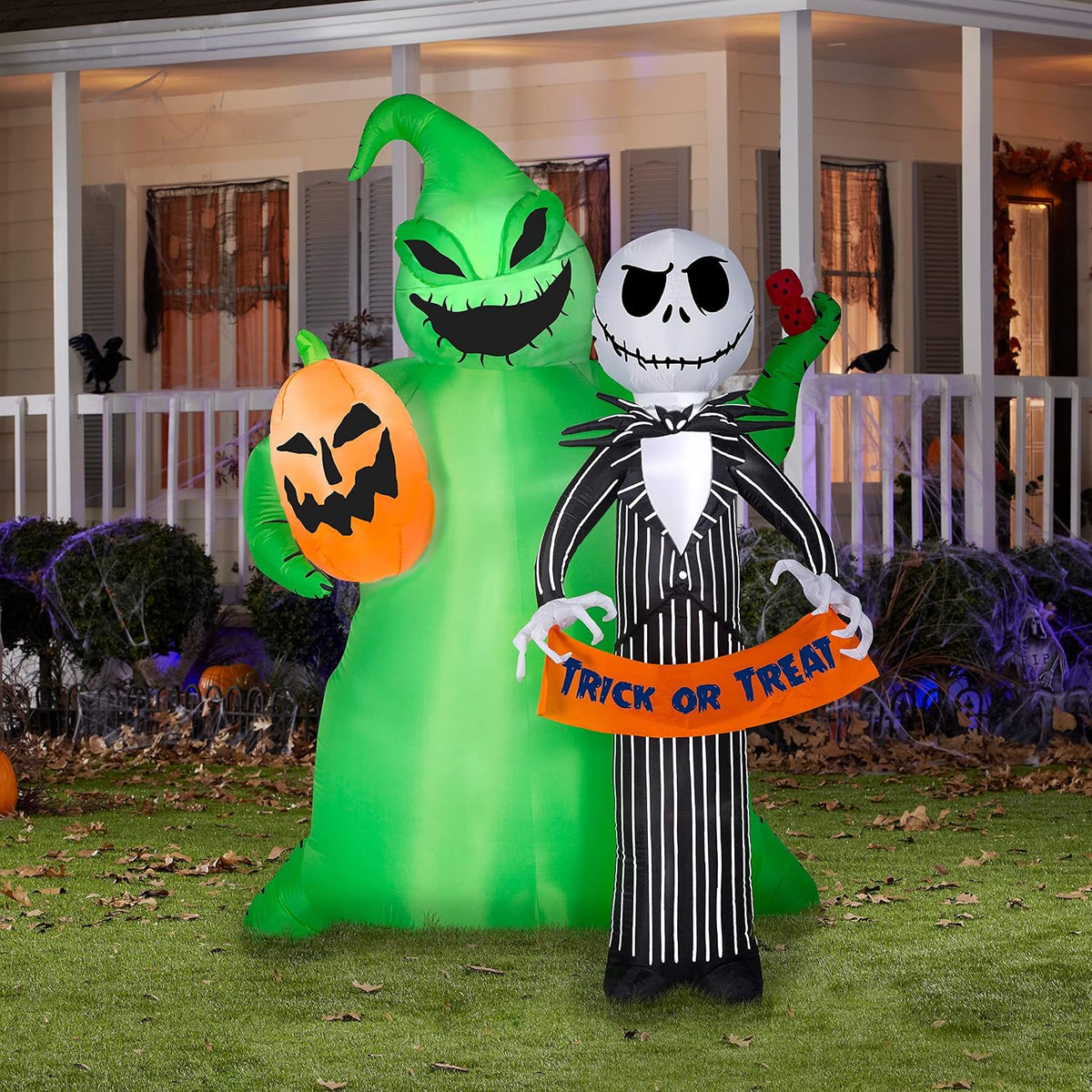 Gemmy Jack Skellington Halloween Inflatable Scene, 6.5 Ft Tall Lighted Nightm...