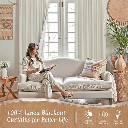 LAMIT Natural 100% Blackout Linen Curtains, 54 Inches Linen Textured Thermal - Image 2