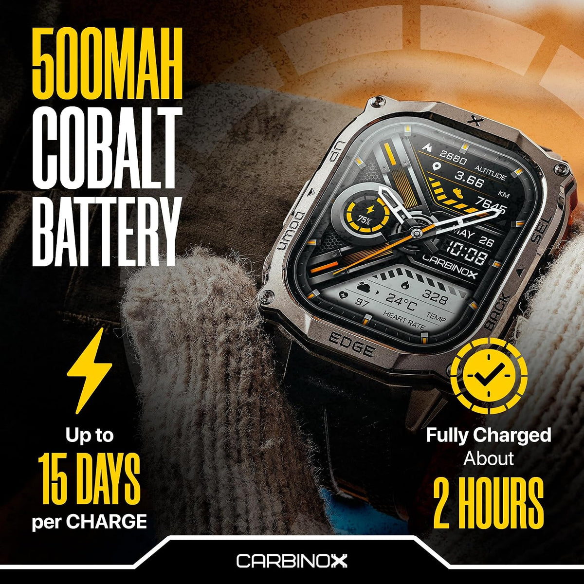 carbinox edge military smart watch for men, fitness, close-up detail