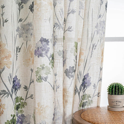 MYSKY HOME Sage Green Floral Linen Spring Curtains 84 inch Long 2 Panels Set Semi Sheer Light Filtering Farmhouse Flower Pattern Grommet Top for Living Room Bedroom, 52" W Each Panel