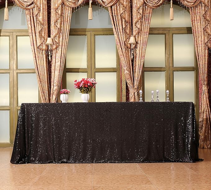 SquarePie Sequin Tablecloth 60 x 120 Inch Black Sparkly Table Linen for Hallo...