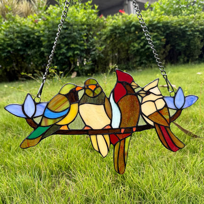 Tiffany Style Stained Glass Window Panel with Chain, 4 Birds Handcraft Stained Glass Window Hanging, Glass Ornaments Wall Décor Hanging Art,Length:16XHeight: 9 inches
