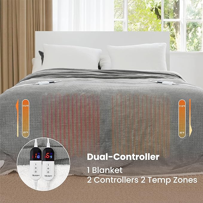Heated Blanket Electric Blanket Queen Waffle, 84x90 Inches Sherpa Fleece Fast - Image 3