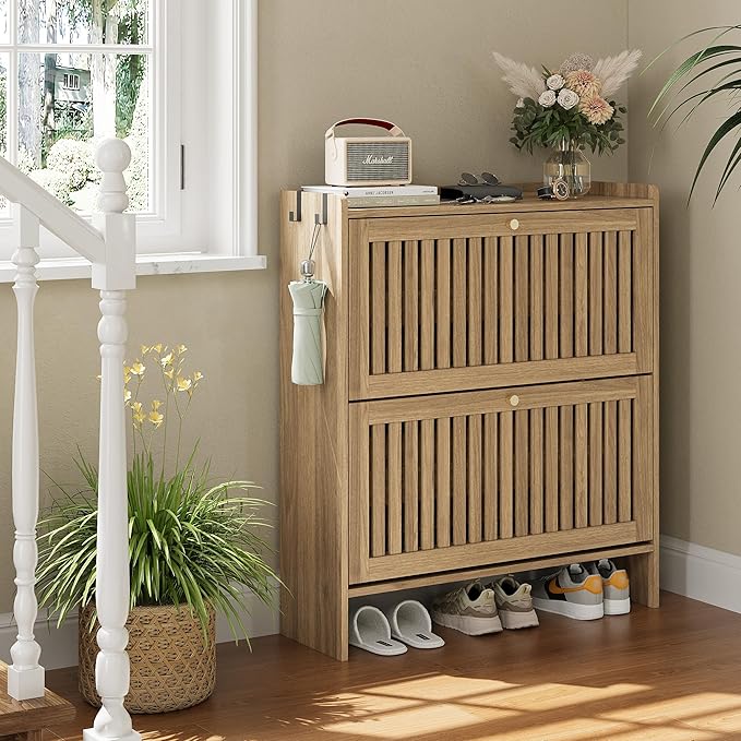 wanan 31.5" Shoe Cabinet with 2 Flip Slatted Drawers, Adjustable & Removable - Image 6