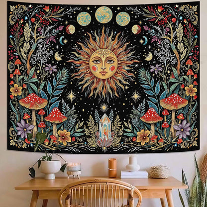 Accnicc Boho Sun and Moon Tapestry Hippie Mushroom Floral Wall Tapestry for Bedroom Aesthetic Vintage Plant Celestial Spiritual Small Tapestries Wall Hanging for Dorm Living Room Decor 48 x 36 Inch