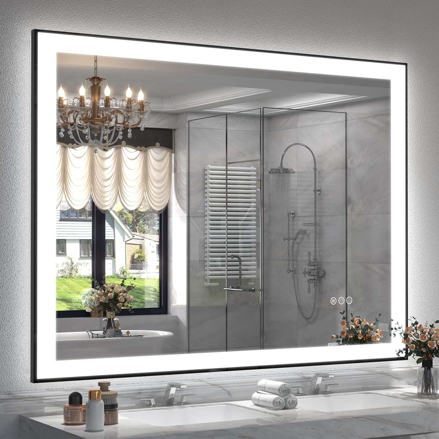SMIROR 48x40 Black Framed LED Lighted Bathroom Vanity Mirror for Wall | Front Lit and Backlit, 3 Color Lighting, Anti-Fog, Memory, Tempered Glass, Rectangle, Horizontal/ Vertical Mounted