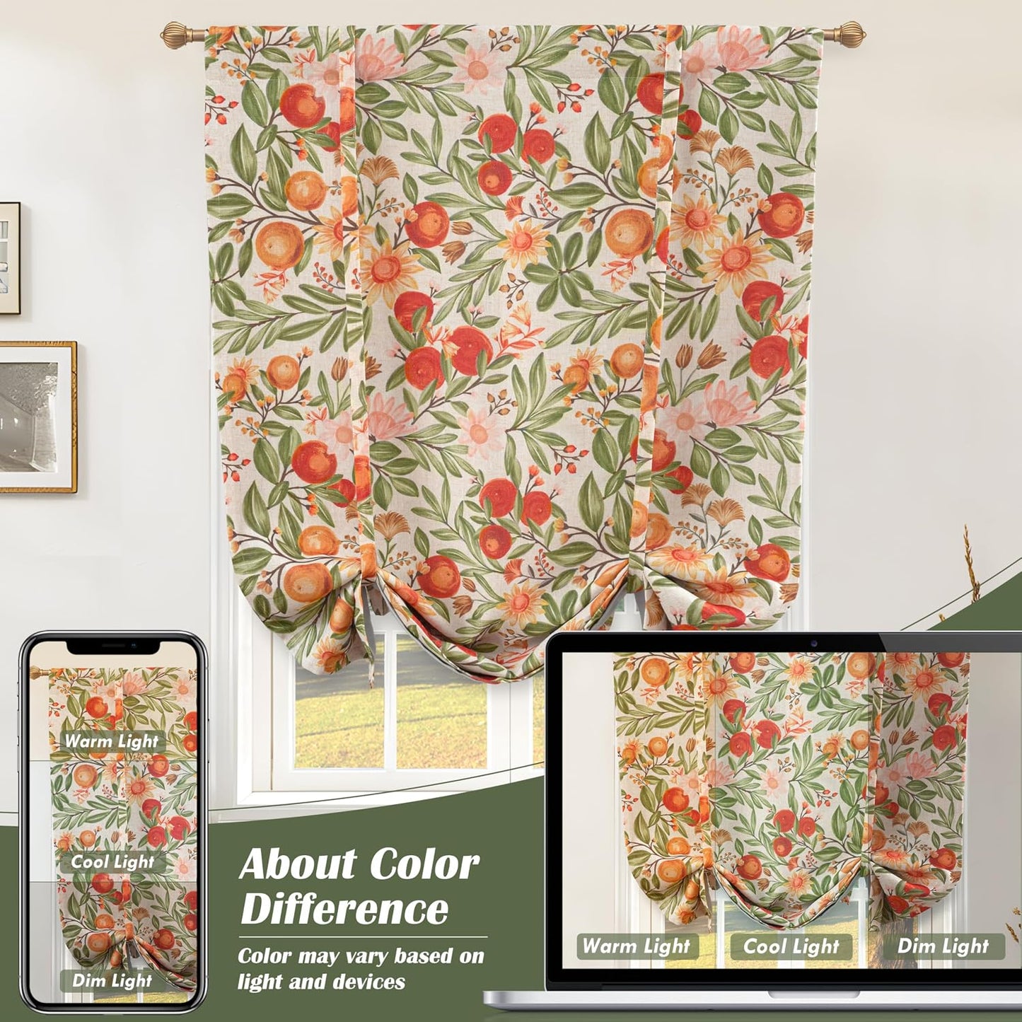 DriftAway Orange Harvest Double Layer Linen Blackout Tie Up Curtains Thermal Insulated Lined Balloon Roman Shade for Bathroom Cafe Autumn Fall Printed Vintage 25 Inch by 47 Inch Orange Coral Gold