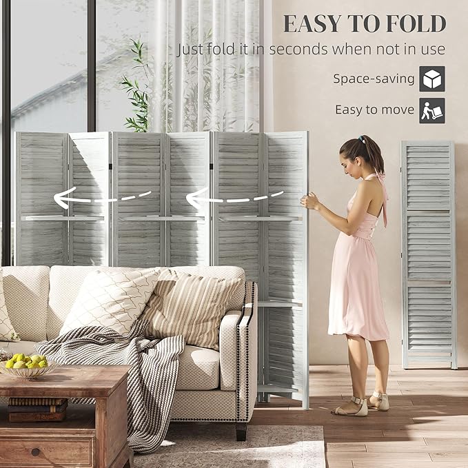 HOMCOM Room Divider, 6 Panel 67" Tall Wood Privacy Screen - Image 4