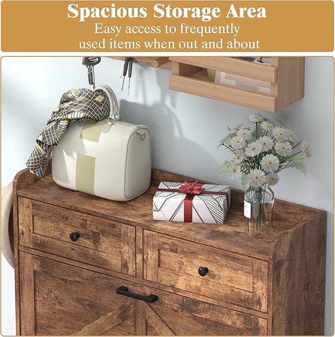 Shoe Cabinet with 2 Flip Drawers & 2 Storage Drawers, Rustic Farmhouse Narrow - Image 4