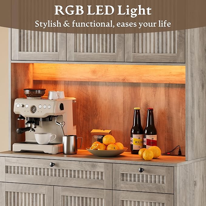 Pantry Cabinet with Charging Station and Light, Tall Kitchen Pantry Storage - Image 5