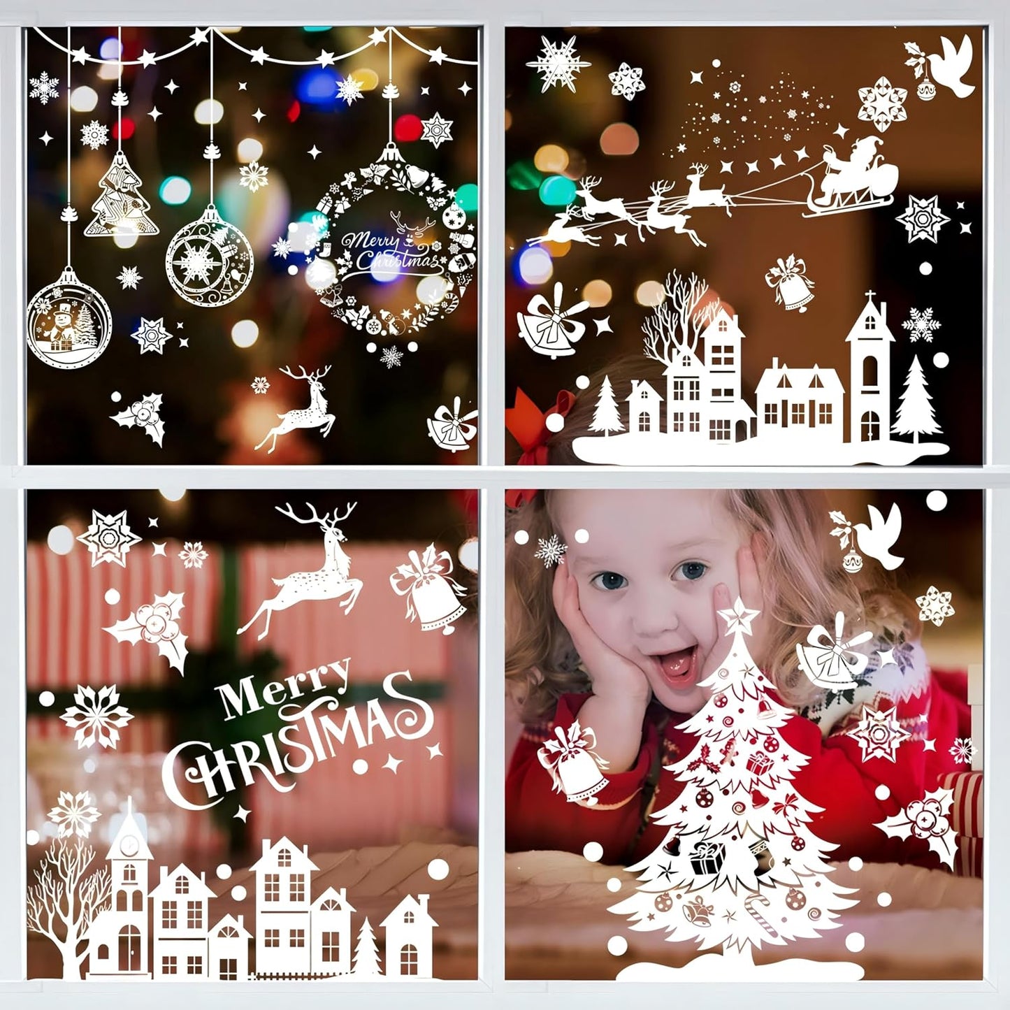 AhfuLife Christmas Window Clings, 244 PCS Reusable Christmas Window Stickers for Glass, 9 Sheets Double Sided Snowflake Xmas Trees Garland Stickers for Xmas Party