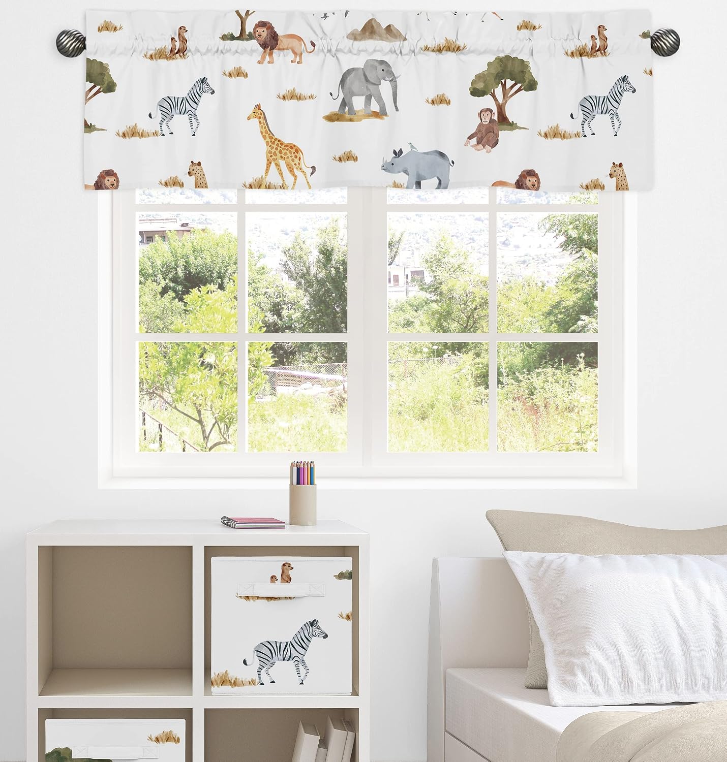 Sweet Jojo Designs Jungle Animals Window Treatment Valance Dark Hunter Green Yellow Grey Rust Orange Black and White Wildlife Safari Animal Gray Elephant Giraffe Lion Monkey Leopard Cheetah Zebra Bird