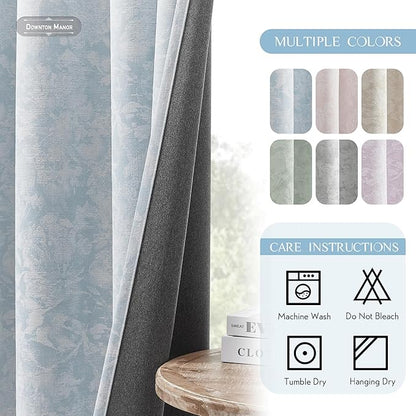 Beauoop Blue Floral Jacquard Blackout Curtains 84 Inches Long 2 Panels - Image 8