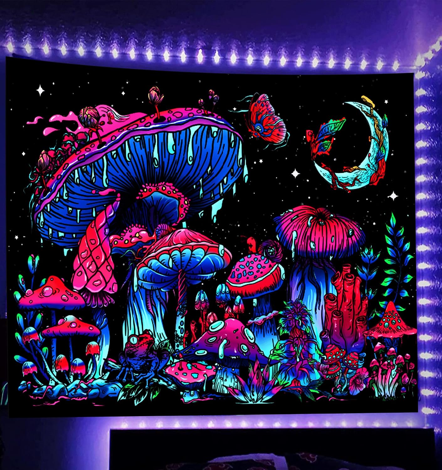 TUGCAY Blacklight Mushroom Tapestry, Glow In The Dark Tapestry Black Light Plant Fantasy UV Reactive Mushroom Butterfly Moon Tapestries Posters Wall Hanging for Bedroom Dorm Decor(50"x60")