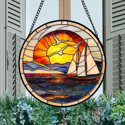 DASTOLL Stained Glass Window Hanging, Sun Ocean Sailboat Seagull Abstract - Image 3