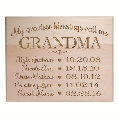 Great Grandma Gifts Birthday Ideas with Children's Names Personalized Birth Date Special Dates to Remember My Greatest Blessings Call me Grandma (12x15, Maple Solid Wood)