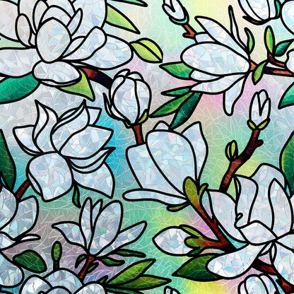 DKTIE Magnolia Pattern Stained Glass Window Film Floral Decorative | Window Privacy Film with Rainbow Effect Front Door Bathroom Room Decor (S678, 35.4in X 78.7in)