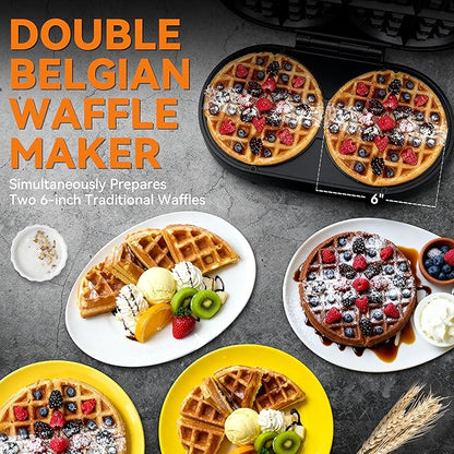 Baker’s Friend Double Belgian Waffle Maker Thick, 2 X 6” Round Waffle Maker - Image 2