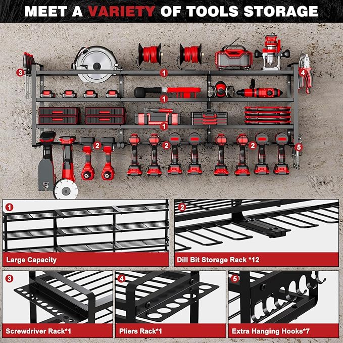 48" Large Power Tools Organizer Wall Mount, 12 Drill Holder - Image 2