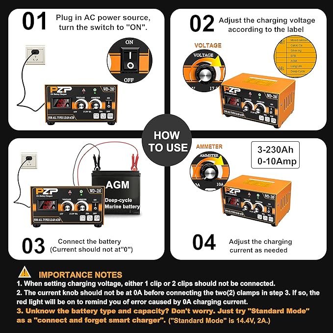 PZP 12V Manual Battery Charger Maintainer, 0 to 10A Arbitrarily Adjustable Car - Image 7