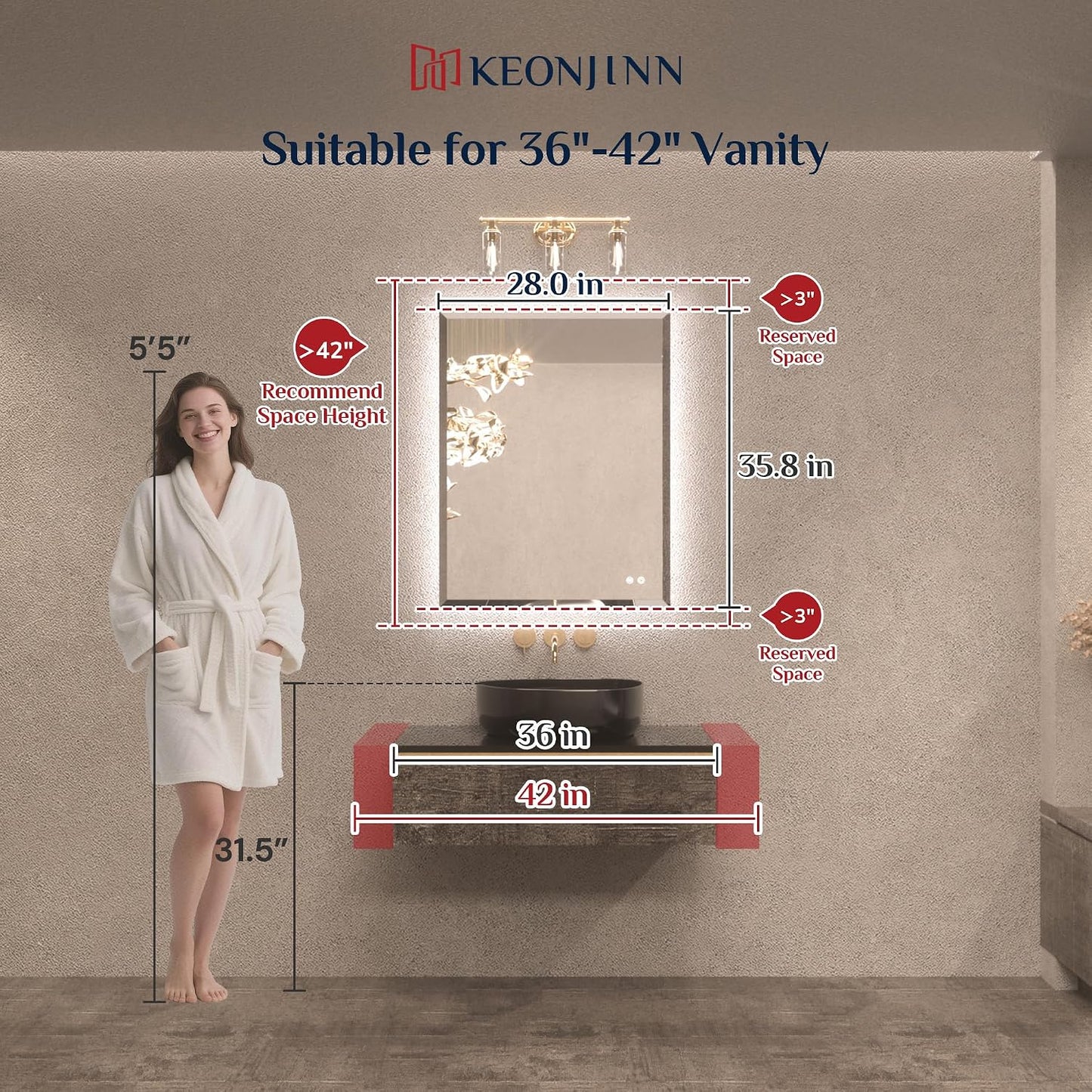 Keonjinn 28" x 36" LED Backlit Mirror, HD Tempered Glass with Beveled Edge | 3 Color Temperature, Auto-OFF Defogging, Dimmable, Easy French Cleat Installation, Rectangle LED Bathroom Mirror with Lights