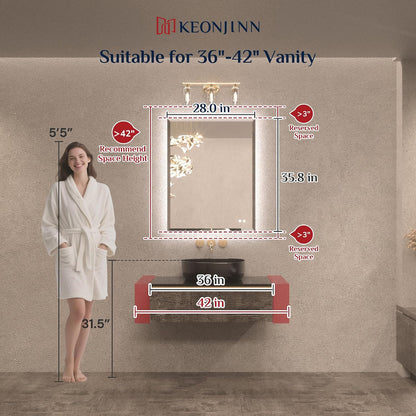 Keonjinn 28" x 36" LED Backlit Mirror, HD Tempered Glass with Beveled Edge | 3 Color Temperature, Auto-OFF Defogging, Dimmable, Easy French Cleat Installation, Rectangle LED Bathroom Mirror with Lights