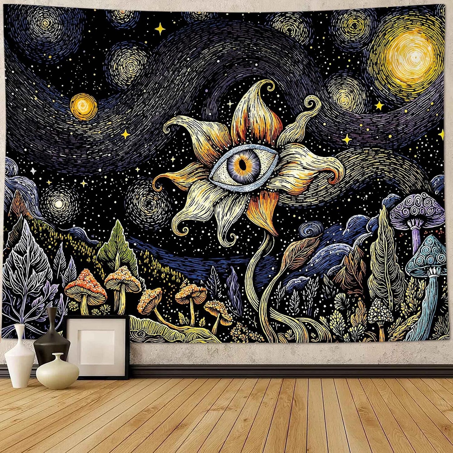 Yeoiat Tapestry Cosmic Flower Tapestries Mushroom Landscape Wall Hanging Starry Night Visionary Botanical Art Decor Bedroom Dormitory 48"x36"