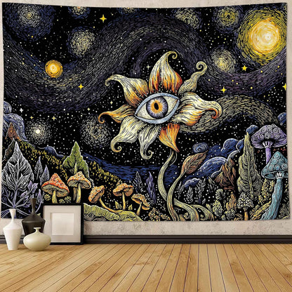 Yeoiat Tapestry Cosmic Flower Tapestries Mushroom Landscape Wall Hanging Starry Night Visionary Botanical Art Decor Bedroom Dormitory 48"x36"