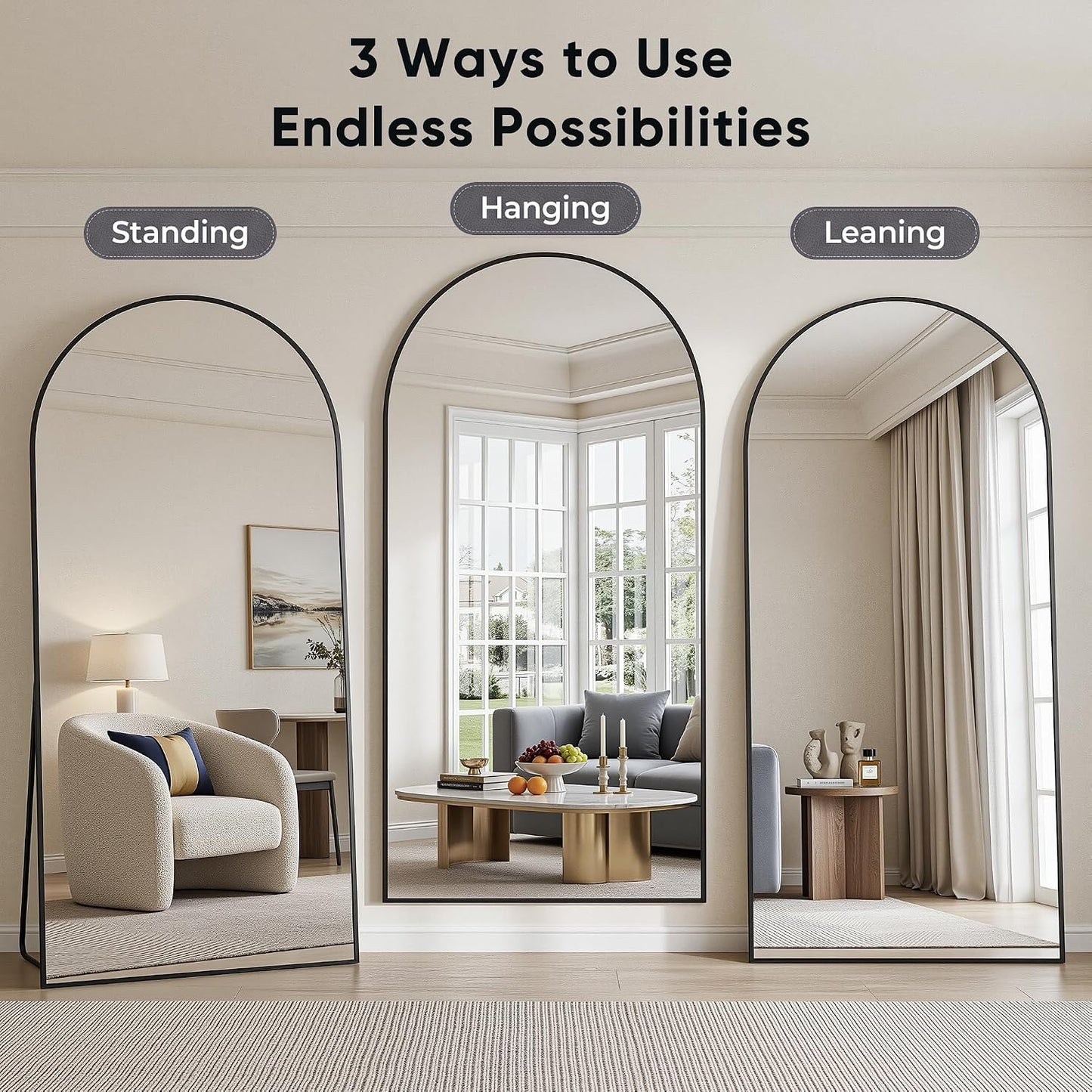 Full Length Mirror, 83"x44" Floor Mirror Freestanding, Oversized Floor Standing Full Body Mirror with Stand for Bedroom, Hanging Mounted for Living Room Cloakroom, Black, Arched