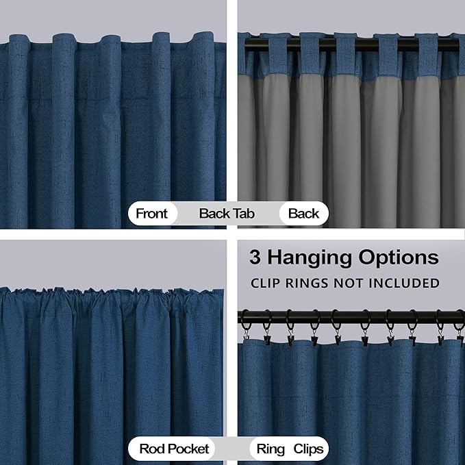KOUFALL Navy Blue Curtains 108 Inches Long Blackout Linen Back Tab Pleated - Image 4