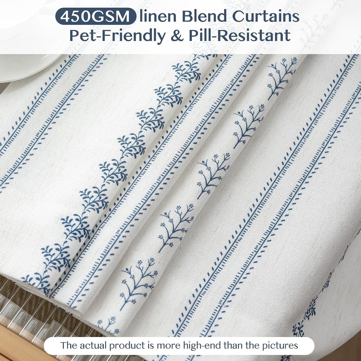 Pinch Pleated Navy Blue Floral Block Print Curtains 96 Inches Long, Vintage Boho Linen Blend Drapes for Bedroom Living Room, 2 Panels Set