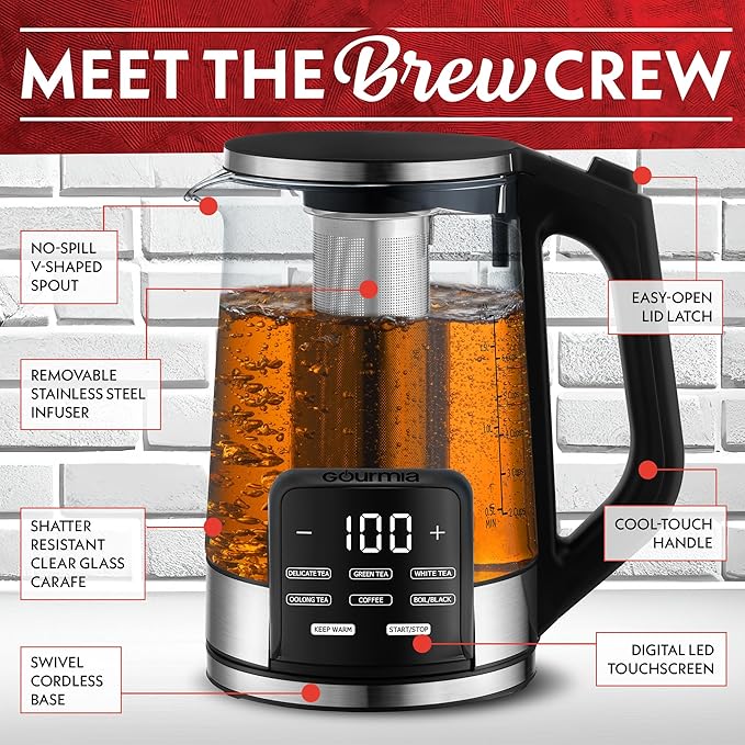 Gourmia Electric Programmable Glass Kettle – 1.7L Temperature Control Tea & - Image 6