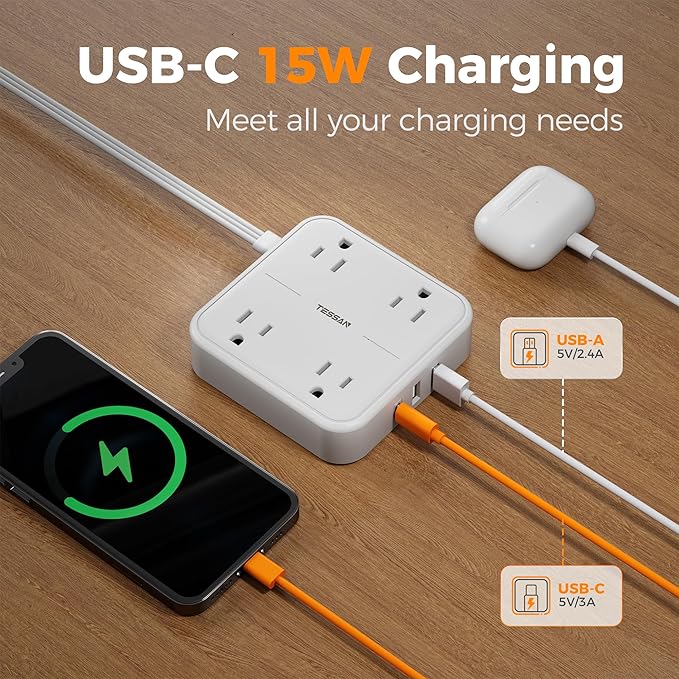 Surge Protector Flat Extension Cord 15Ft, TESSAN Flat Plug Power Strip - Image 4