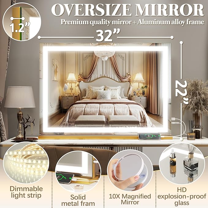 FENNIO Vanity Mirror with Lights 32"x22", Lighted Makeup Mirror, Large Vanity - Image 6