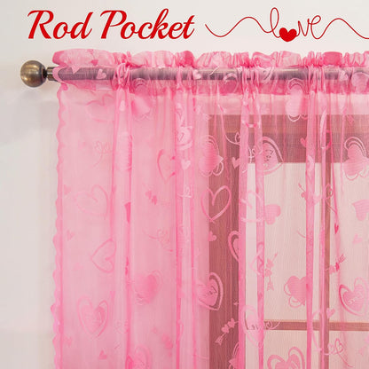 Valentine's Day Lace Curtains 63 Inch Length for Living Room Pink | Holiday Decoration Love Heart Embroidery Weave Sheer Curtains, Rod Pocket Country Rustic Drapes 54 x 63 Inch 2 Panels