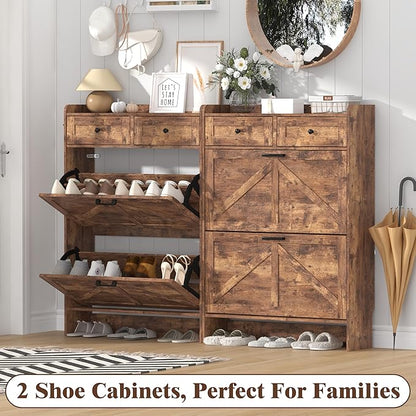 Shoe Cabinet with 2 Flip Drawers & 2 Storage Drawers, Rustic Farmhouse Narrow - Image 9