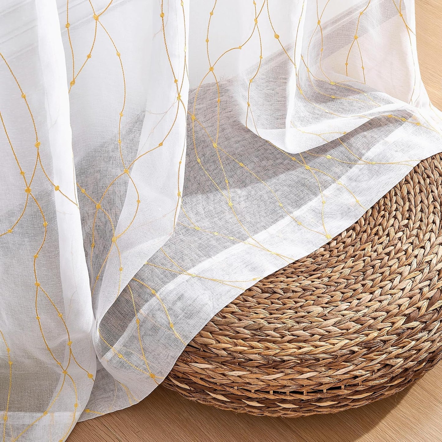 Deconovo Embroidered White Sheer Curtains for Bedroom, Grommet Top, Set of 2, 52W x 84L in per Panel, White Sheer Panels with Gold dots and line Embroidery