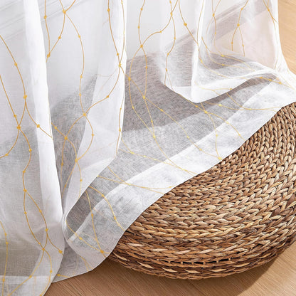 Deconovo Embroidered White Sheer Curtains for Bedroom, Grommet Top, Set of 2, 52W x 84L in per Panel, White Sheer Panels with Gold dots and line Embroidery