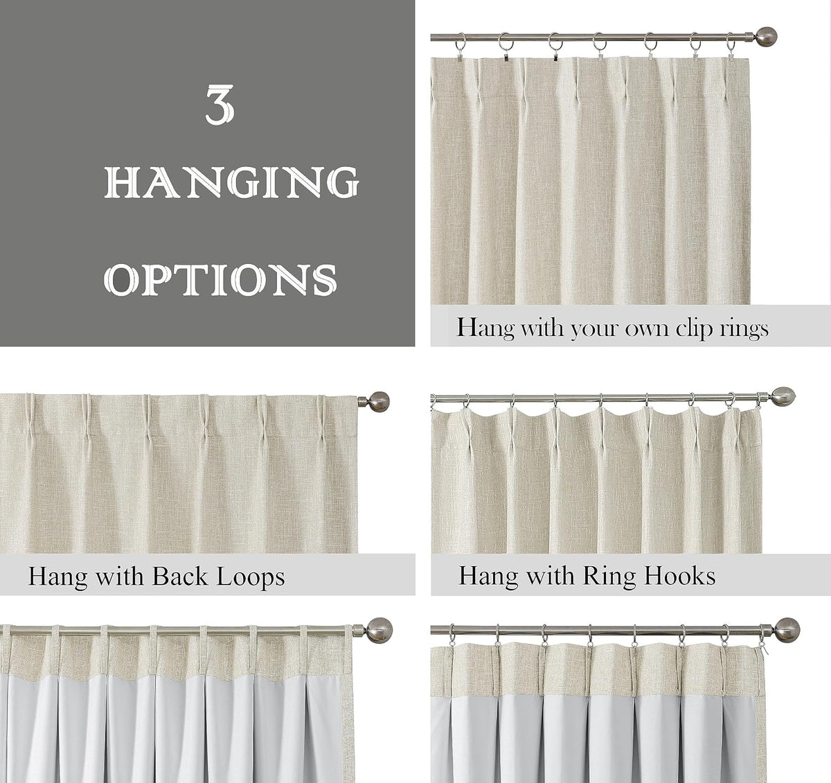 Central Park Sand Pinch Pleat Blackout Curtain Panel with Hooks, 40"x102"x2 | with Full Blackout Liner, Linen Textured, Energy Efficient, Noise Reducing, Window Treatment Drape, Living Room Bedroom